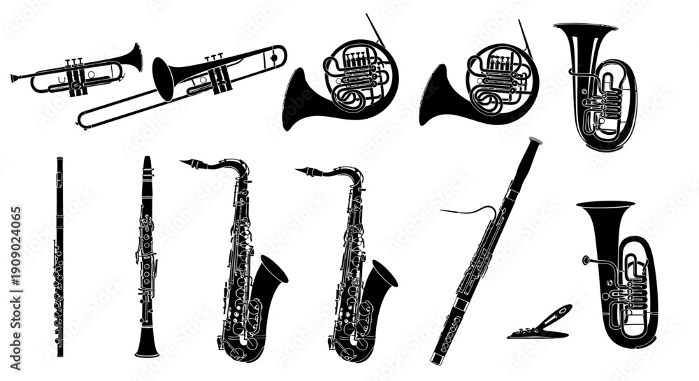 Obraz premium Musical Instruments Silhouettes: Brass and Woodwind Ensemble