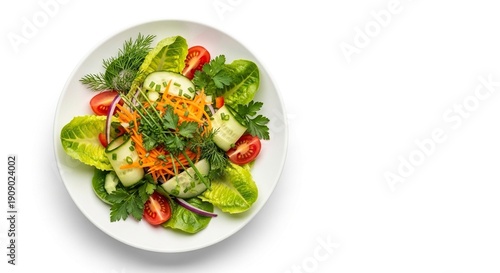 A salad of lettuce tomatoes carrots cucumber herbs and red onion on a white plate set against a white background