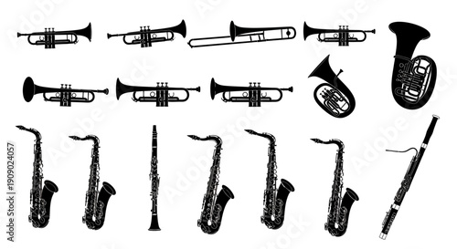 Musical Instruments Silhouettes Collection on White