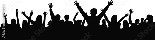 Crowd cheering silhouette with raised hands, excited audience group at concert or festival isolated on white background vector illustration