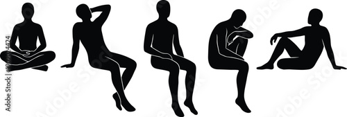 Human body silhouette collection with seated and relaxed poses, minimal figure set isolated on white background vector illustration