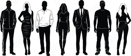 Set of diverse men and women silhouettes in casual and formal business attire standing in a row isolated on white background for lifestyle design (25 words)