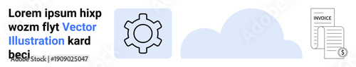 Gear icon, cloud, and invoice signifying technology, cloud storage, finance, and system settings. Ideal for IT solutions, finance cohesion, software tools automation data security payment systems