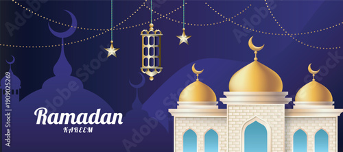 Ramadan kareem greeting with mosque golden domes crescent moons stars on blue background