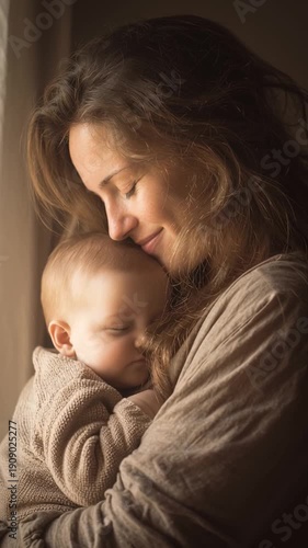 Mother holding her sleeping baby in lap. Tender motherhood bond near window. Mothers day concept