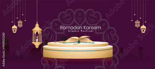 Ramadan kareem islamic festival with quran lantern and gold podium on purple background
