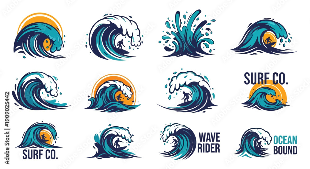 Obraz premium Ocean wave vector set, surfing design elements