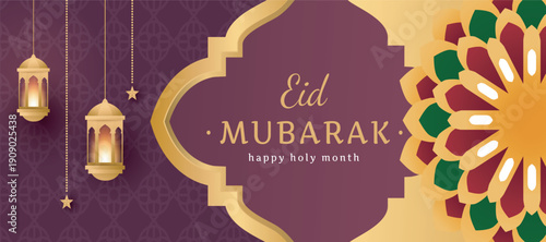Happy holy month eid mubarak with lanterns and islamic pattern