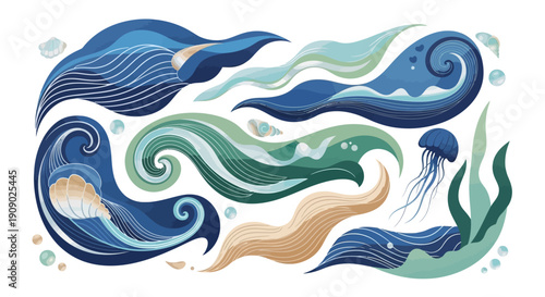 Ocean Waves Vector Set with Jellyfish and Seaweed