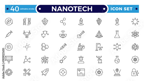 Nanotechnology outline Icon Set for Molecular Engineering, Medical Research, and Scientific UI Design. Editable stroke outline icon.
