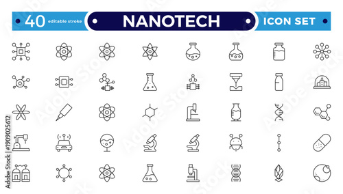 Nanotechnology outline Icon Set for Molecular Engineering, Medical Research, and Scientific UI Design. Editable stroke outline icon.
