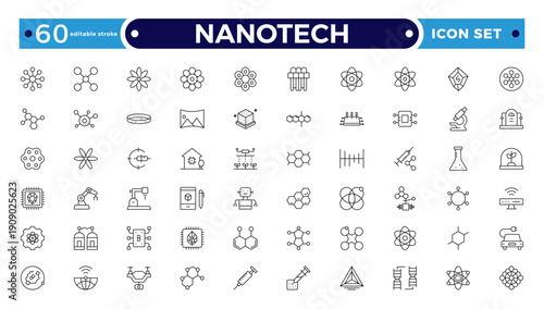 Nanotechnology outline Icon Set for Molecular Engineering, Medical Research, and Scientific UI Design. Editable stroke outline icon.
