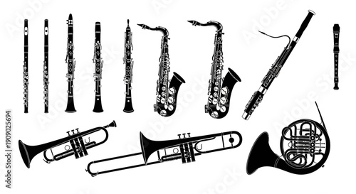Orchestral Instruments Silhouettes: Brass and Woodwinds