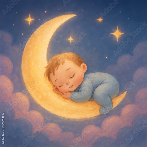Wallpaper Mural Baby sleeping on moon surrounded by stars and clouds Torontodigital.ca