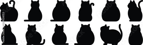 Cute cat silhouettes set in sitting poses isolated on white background, domestic pet and feline character collection