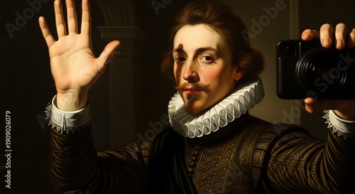 Wallpaper Mural Historical portrait of a man in classical attire holding a camera Torontodigital.ca