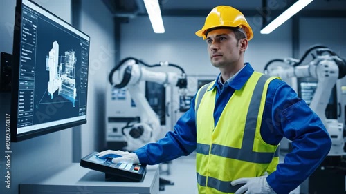A man in safety gear operates robotic arms from a control room, looking at a detailed technical display on a large monitor. Advanced automation in a modern factory setting.