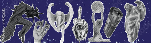 Surreal Grayscale Fantasy Collage Featuring Abstract Creature Figures on Dark Blue Starry Background