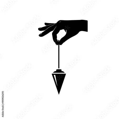 Silhouette of a hand holding and adjusting a plumb bob string for precise manual alignment and construction measurement