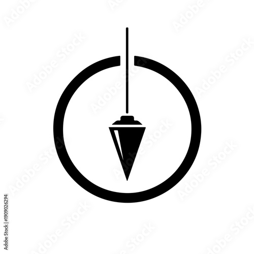 Abstract plumb bob emblem framed within a circular border, designed in a minimalist compass style to symbolize navigation and precision