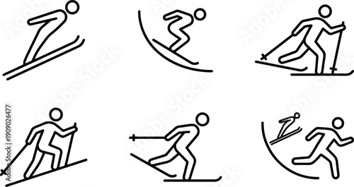 Winter sports line icons set. Vector collection of skiing, snowboarding, ski jumping, and cross country symbols. Minimalist outline pictograms for design.
