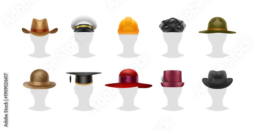 Set of realistic vector hats and caps isolated on white background