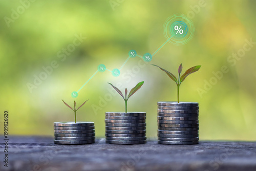 Sustainable financial growth concept with green plants growing on coin stacks, featuring rising percentage and dollar icons graph for investment success and long-term wealth management.