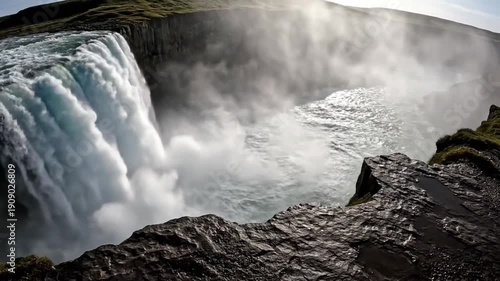 Majestic Waterfall Cascading into a Rocky Canyon on a Sunny Day