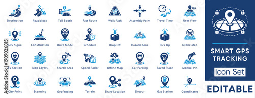 Smart GPS tracking and navigation solid icon set. Vector collection including geofencing, EV station, drone map, detour, speed radar, hazard zone and location symbols.