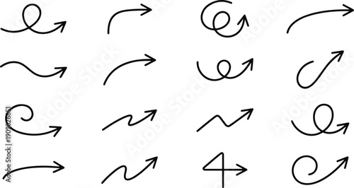 Hand drawn line arrows set. Vector collection of thin black doodle pointers, curved direction markers, loops, and simple spirals for design.