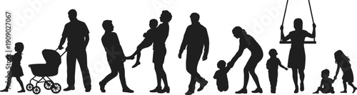Family silhouette collection, parents and children walking playing and caring poses set, family life outline figures isolated on white background for design