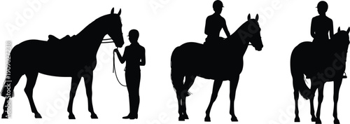 Equestrian horse riding silhouettes, rider training activity, horseback sport illustration, equine care concept, isolated black silhouette set for design and advertising use