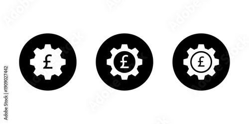 Pound gear icon set in black circle. British finance settings symbol. Uk currency management sign