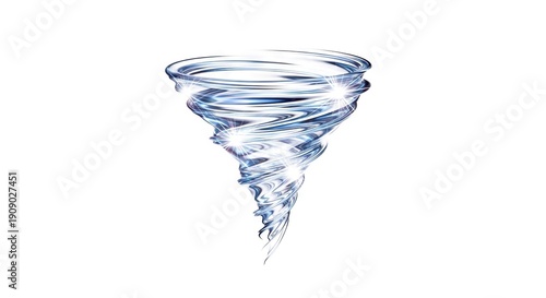 A swirling iridescent tornadolike object with shimmering highlights against a stark white background