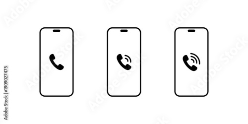 Smartphone call notification icon set. Mobile calling symbol. Ringing telephone on cellphone screen sign