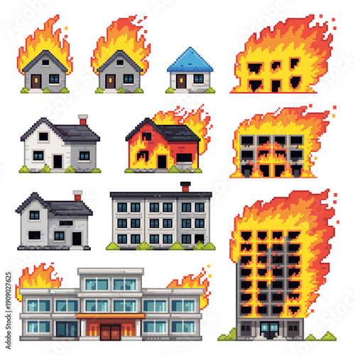 Pixel art buildings and houses on fire