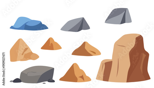 Collection of various cartoon-style rocks and earth elements, including boulders, stones, and sandy mounds, depicted in a simplistic and colorful illustration for graphic design or game assets