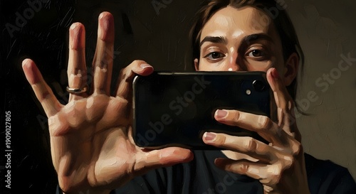 Person using smartphone with gesture in dimly lit environment