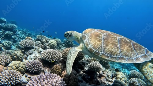 Green Sea Turtle Gracefully Swimming over Vibrant Coral Reef
