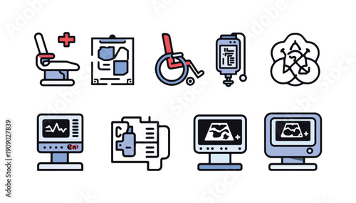Collection of modern medical technology and diagnostic equipment icons, depicting essential healthcare devices for clinics, hospitals, and professional patient care