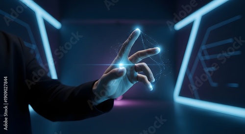 Persons hand interacts with digital glowing network in futuristic setting