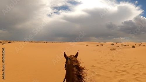 Horseback Ride Through Sandy Desert Dunes Under a Dynamic Cloudy Sky