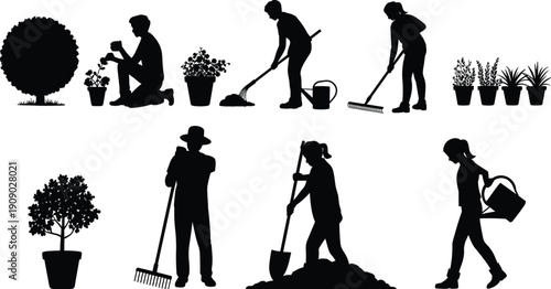 Gardening silhouette collection, people planting watering and raking garden plants set, outdoor gardening activity outline figures isolated on white background for design