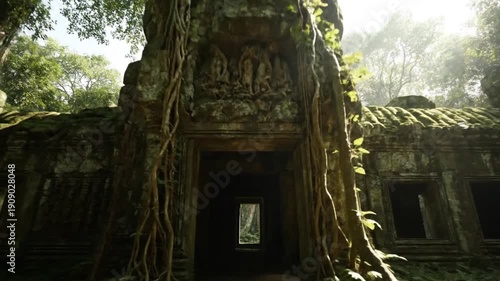 Ancient Stone Temple Overgrown with Large Jungle Tree Roots