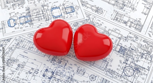 Wallpaper Mural Two bright red hearts resting on a sheet of musical notes and staff lines Torontodigital.ca