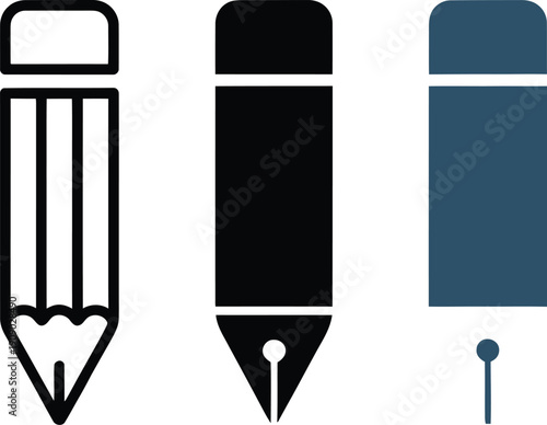 Set of three writing instruments including a pencil fountain pen and ballpoint pen isolated on white