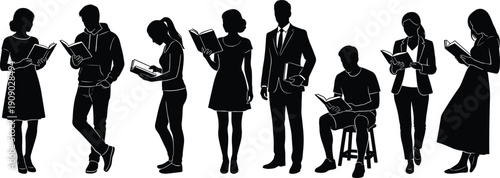 People reading books silhouette collection, diverse students and professionals studying isolated on white background vector illustration
