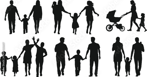 Happy family silhouette collection with parents and children walking, holding hands, stroller and playful moments isolated on white background for parenting design