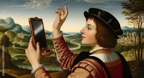 Wallpaper Mural Renaissance portrait with modern technology digital device in hand Torontodigital.ca