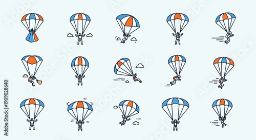 Parachuting Icons Set, Skydiving Sport, Vector Illustration